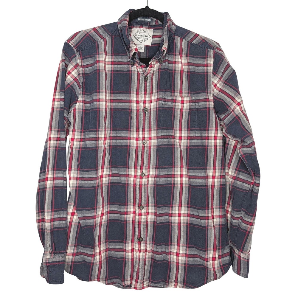 St Johns Bay Mens Navy Red Plaid Brushed Flannel Button Down Shirt Medium Cotton